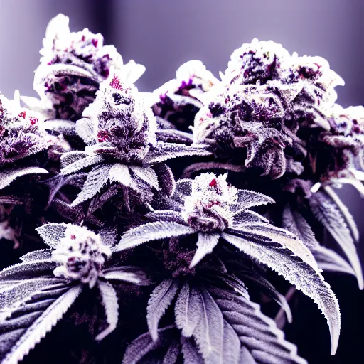 Image similar to photo of single indoor marijuana plant with dense purple frosty nugs, closeup, 4 k, cinematic