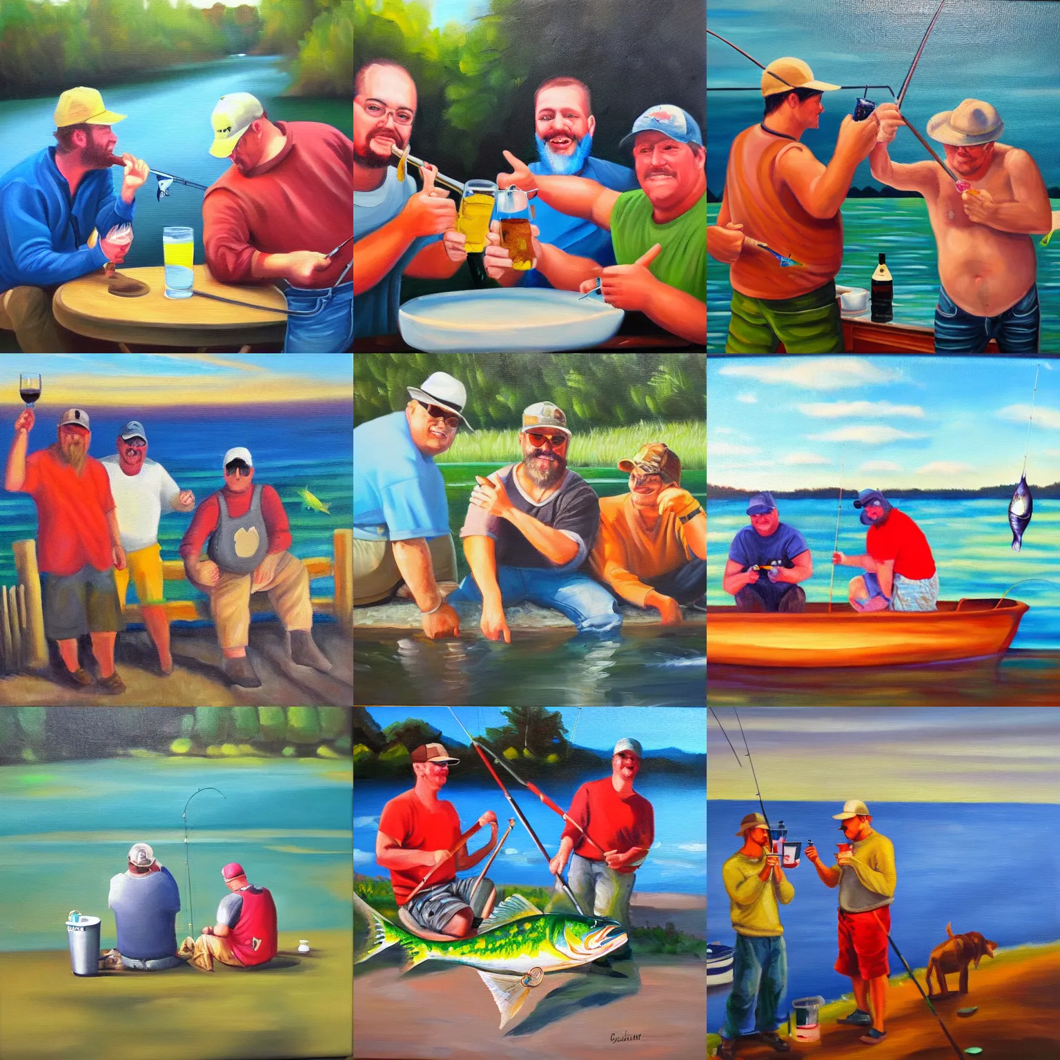 Prompt: good friends binge drinking and fishing, oil on canvas