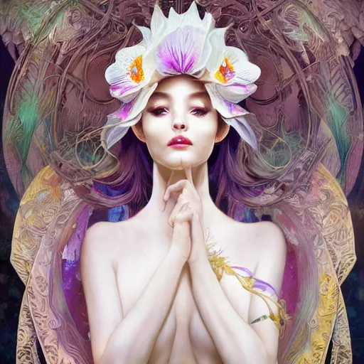 Prompt: a photograpic portrait of a anthropomorphic orchid wearing white clothes, iridescent colors, fantasy, intricate, elegant, highly detailed, digital painting, artstation, concept art, smooth, sharp focus, illustration, art by artgerm and H R Giger and alphonse mucha