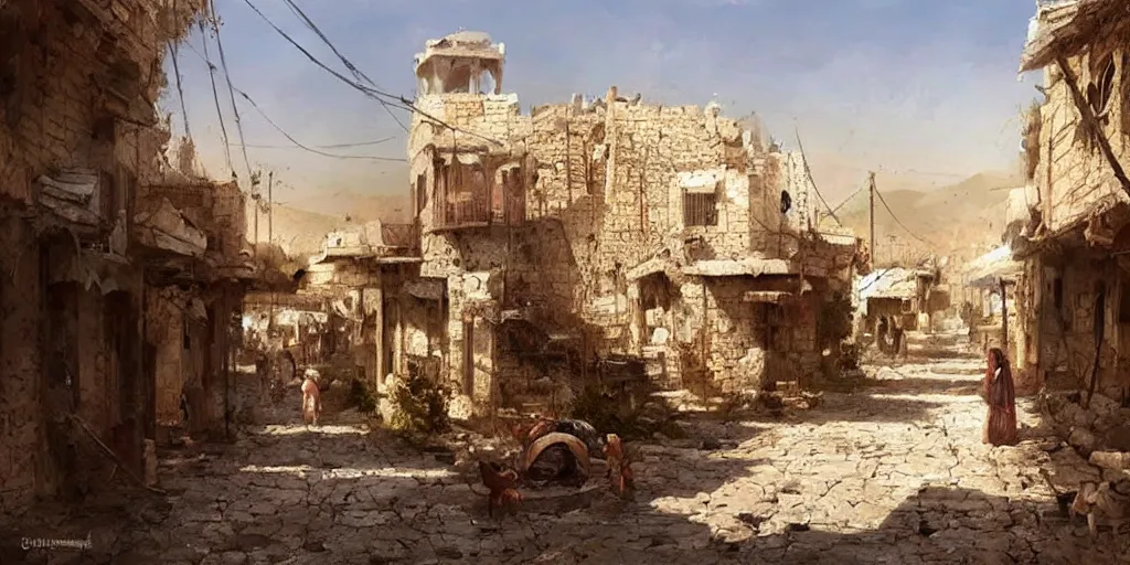 Prompt: hyper realistic, beautiful syrian village, cleaned up,, painted by greg rutkowski, highly detailed,