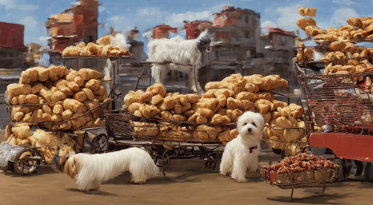 Prompt: a scene of a havanese dog next to a large cart piled high with sausages and ham, a large cream - colored havanese dog looks at the cart, outside a hacienda in cuba, 1 9 0 0, tartakovsky, atey ghailan, goro fujita, studio ghibli, rim light, mid morning lighting, clear focus, very coherent