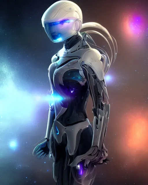 Image similar to photo of a android girl on a mothership, warframe armor, beautiful face, scifi, nebula, futuristic background, galaxy, raytracing, dreamy, atrractive, atmosphere, sparks of light, smiling, white hair, blue cyborg eyes, glow, insanely detailed, intricate, innocent, art by akihiko yoshida, antilous chao, voidstar