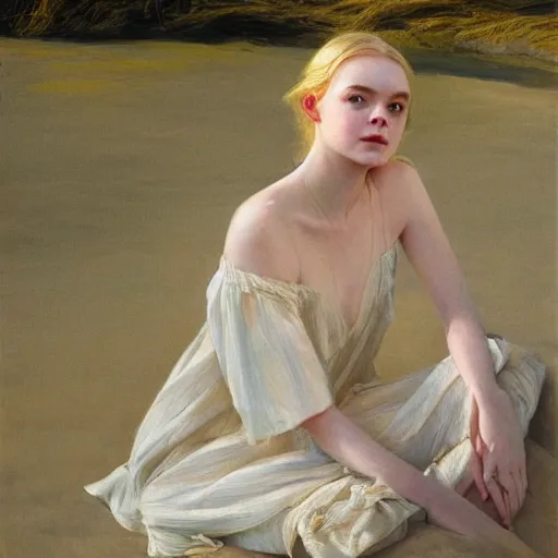 Image similar to Elle Fanning in the beach, head and shoulders masterpiece, oil on canvas, golden hour, in the world of Andrew Wyeth, artstation, by J. C. Leyendecker and Peter Paul Rubens,