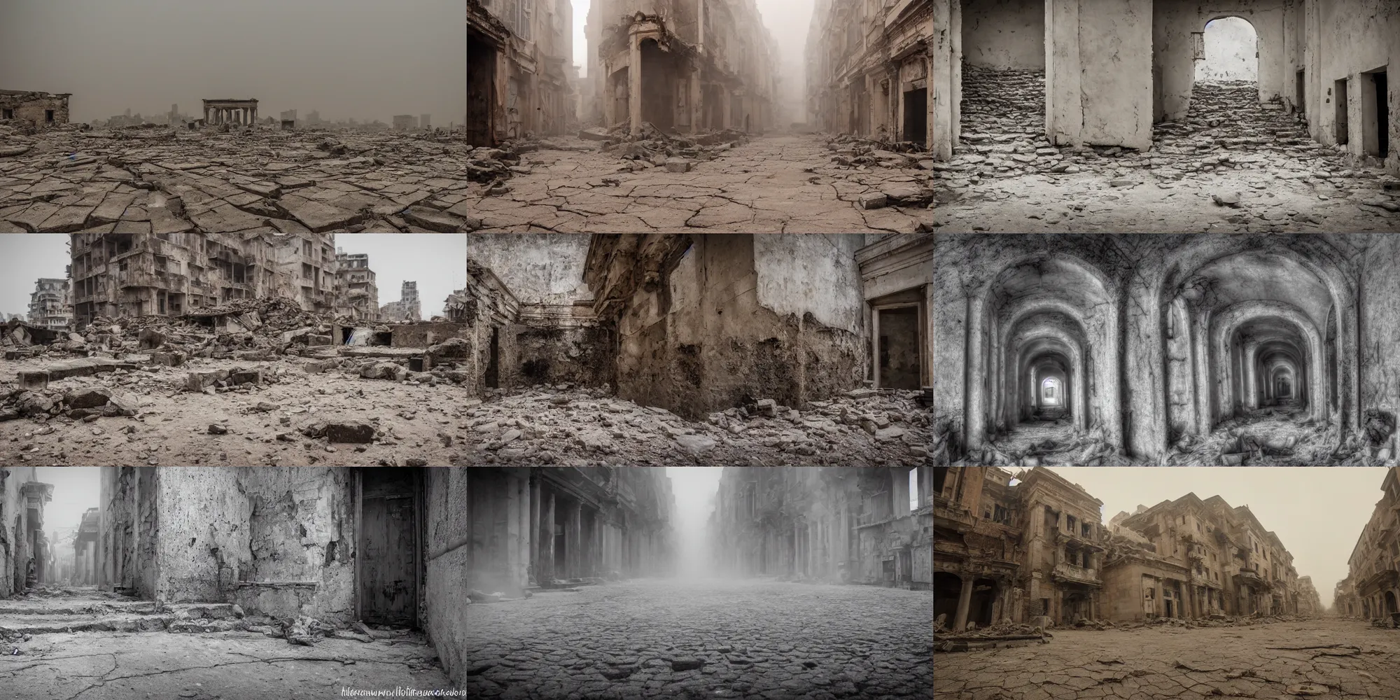 Prompt: waiting for eternity inside a dead old city, covered by dust