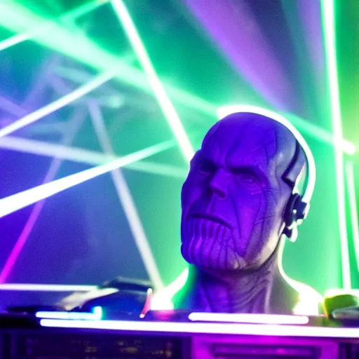 Image similar to photo of Thanos is djing at an underground warehouse rave, he is looking very worried. award winning, atmosphere, coloured lasers and stage lighting, stage smoke, 1x