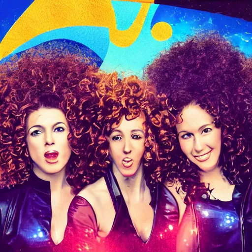 Image similar to album cover of a pop rock music group named'shiny souls'with two woman singers with blonde hair and one woman singer with brown curly hair singing in front of the crowd, very energetic, aerial view, digital art