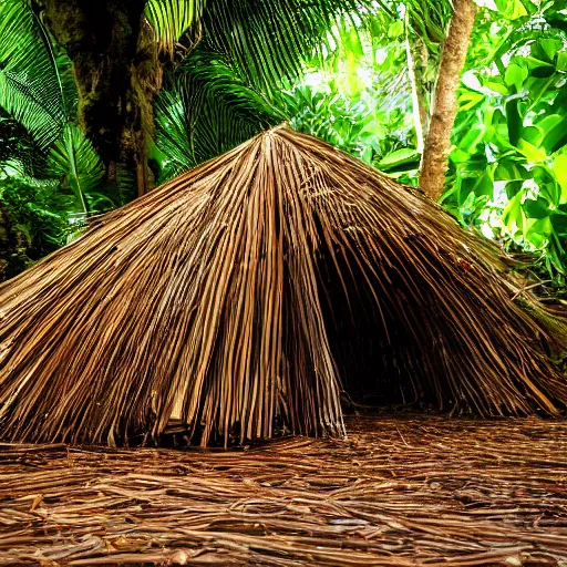 Image similar to sleeping shelter made of palm leaves and sticks in the rainforest, realistic, 8 k, night,