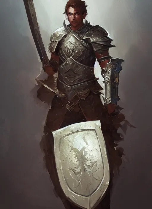 Image similar to portrait of character holding a paladin engraved longsword and carrying a big shield, concept art, by Greg Rutkowski