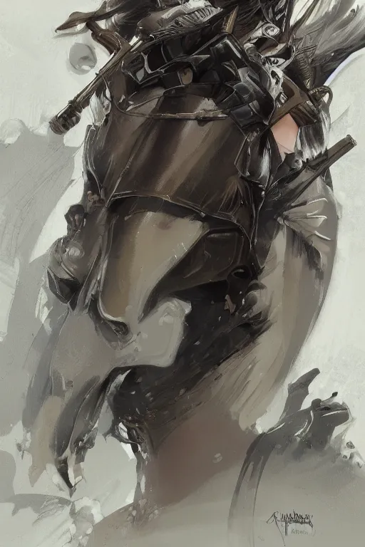 Image similar to a finely detailed painting of an attractive young woman, clothed in military-style battle armor, olive skin, long dark hair, beautiful bone structure, symmetrical facial features, intricate, elegant, digital painting, trending on Artstation, concept art, smooth, sharp focus, illustration, from Metal Gear by Ruan Jia and Mandy Jurgens and Artgerm and William-Adolphe Bouguerea, award winning