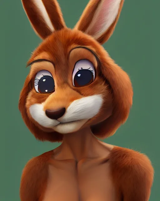 Prompt: digital painting full body of anthropomorphic furry female rabbit, brown fur, in style of zootopia, female fursona, furry, furaffinity, 4 k, deviantart, furry art, fursona art, rabbit fursona, female, cute detailed feminine face,