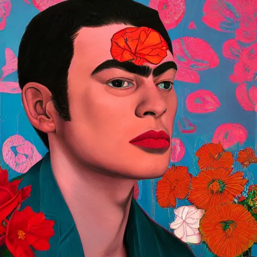 Image similar to detailed oil painting of matgot robbie in detail with flowers by james jean, by andy warhol, by frida kahlo