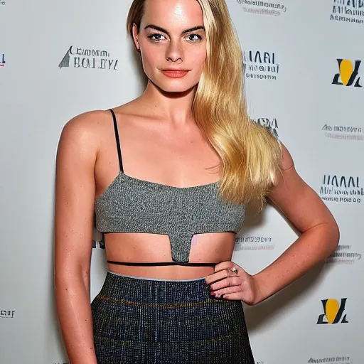 Image similar to a woman who is a genetic combination of margot robbie and emma watson face and upper - body focus