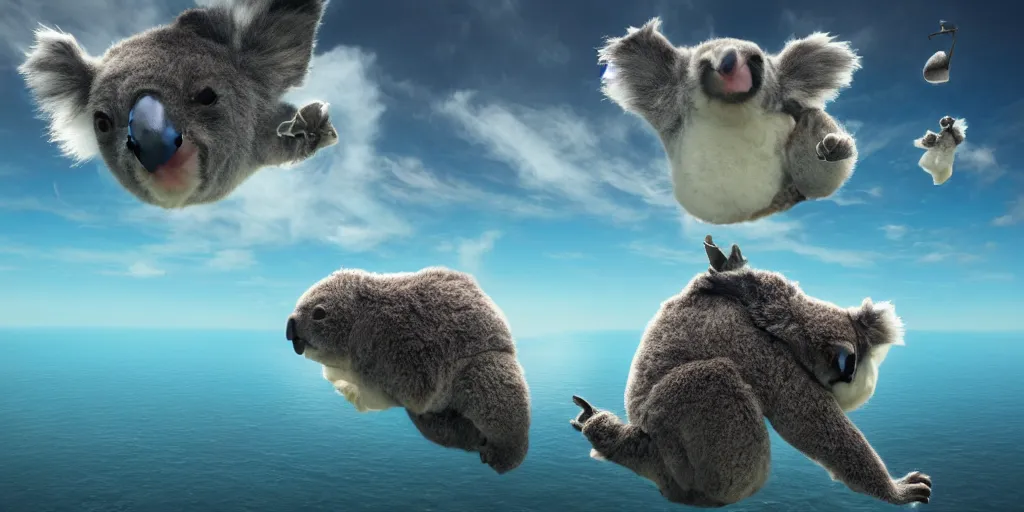 Prompt: Floating evil koalas over a blue ocean, Darek Zabrocki, Karlkka, Jayison Devadas, Phuoc Quan, trending on Artstation, 8K, ultra wide angle, pincushion lens effect.