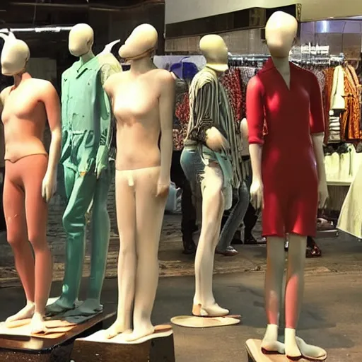 Prompt: department store wax mannequins melting during a heatwave