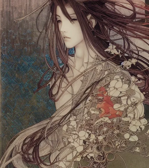 Image similar to yoshitaka amano anime painting, intricate line drawings, pen and ink, alphonse mucha, claire wendling, kentaro miura, ruan jia