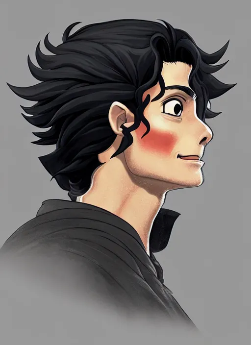 Prompt: profile view!! macro head portrait of medieval bored king michael jackson, artstation, detailed cartoon, elegant, digital painting, concept art, smooth, sharp focus, illustration, ghibli, makoto shinkai, don bluth, fujita goro, jean giraud, akihiko yoshida, tom whalen 8 k