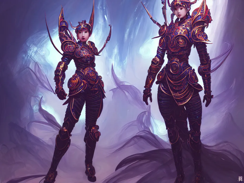 Image similar to full body portrait hero action pose of futuristic female knights of zodiac, abstract chinese dragon concept art, at future neon tokyo light temple, ssci - fi and fantasy, intricate and very very beautiful and elegant, highly detailed, digital painting, artstation, sharp focus, illustration, art by tan zi and ayanamikodon and alphonse mucha and wlop