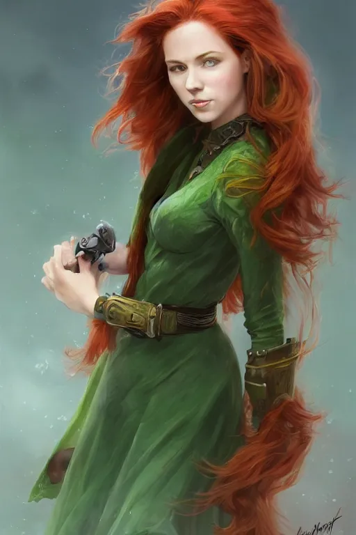 Image similar to beautiful cute red haired joyful and playful 1 9 year old maiden standing up in a green dress, long hair, rpg character, sci - fi, fantasy, intricate, elegant, digital painting, artstation, concept art, smooth, 8 k frostbite 3 engine, ultra detailed, art by artgerm and greg rutkowski and magali villeneuve