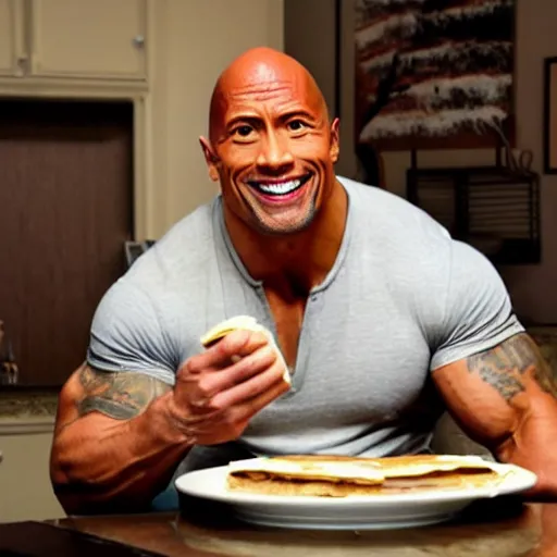 Prompt: Dwayne Johnson eating pancakes