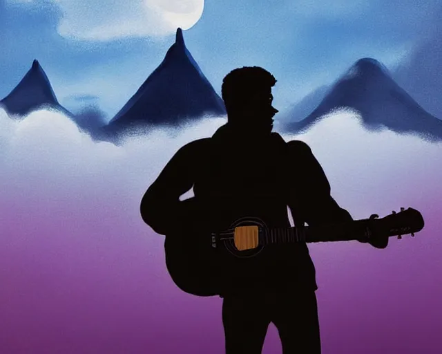 Image similar to A silhouette figure of a man with a guitar obscured by clouds that look like mountains high in the sky, the clouds are a deep blue purple color with the sun blazing behind the clouds, deep focus, D&D, fantasy, intricate, elegant, highly detailed, digital painting, artstation, concept art, matte, sharp focus, illustration, hearthstone, art by Artgerm and Greg Rutkowski and Alphonse Mucha