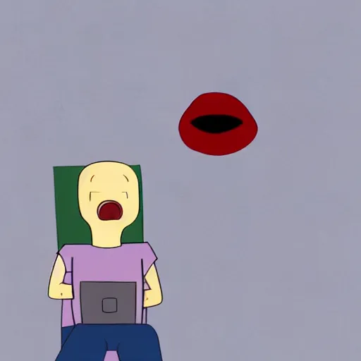 Image similar to a person with bloodshot eyes and tongue out staring at the computer with despondence, adventure time style