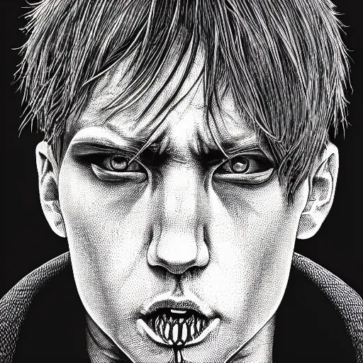 Image similar to portrait closeup of crazy eminem, symmetrical, by yoichi hatakenaka, masamune shirow, josan gonzales and dan mumford, ayami kojima, takato yamamoto, barclay shaw, karol bak, yukito kishiro