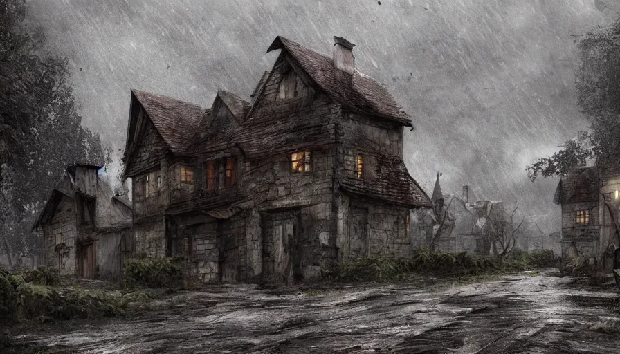 Image similar to Emply abandoned medieval village at rainy day, grey sky, muddy road, damaged wooden house, sad feeling, hyperdetailed, artstation, cgsociety, 8k