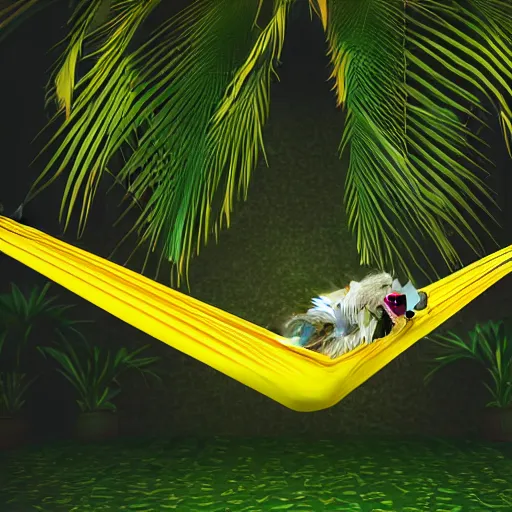 Image similar to minimalist portrait of a monkey laying in a hammock eating a banana, octane render, 8 k render, saturated, vector