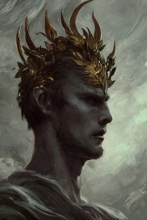 Image similar to a masculine elegant man from sideview and wearing golden laurel wreath, ethereal horror fantasy art by greg rutkowski and magali villanueve and monet con