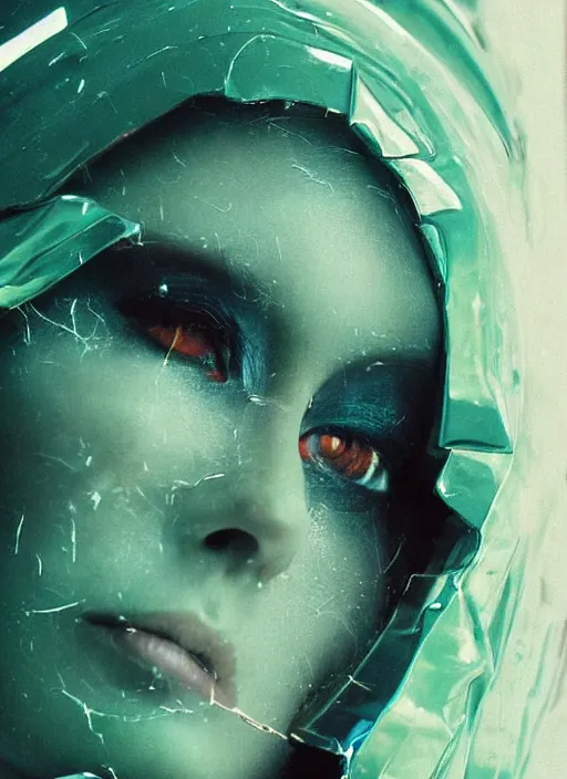 Prompt: beautiful extreme closeup portrait photo in style of frontiers in scratched! crumpled Helmet of Emperor Charles V the Wise, faint iridescent sheen , narcotic beautiful stylishly elegant eye-catching Mature!! sexy! glance , crying makeup, bite her lip , puffs of light green smoke, clouds lightning, UFO, science fashion magazine September retrofuturism edition, highly detailed, soft lighting, elegant , 85mm, Edward Hopper and James Gilleard, Zdzislaw Beksinski, Steven Outram, Hsiao-Ron Cheng