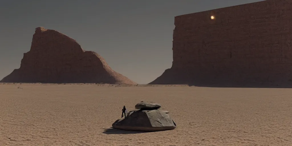 Image similar to an enormous alien black monolith in the desert, a large line of people are walking toward it in a line! starting at the foreground and ending at the building, single file, in the foreground on a rock is an alien creature catching a fly with its tongue, two suns are in the sky, clear skies, volumetric light, hyperdetailed, artstation, cgsociety, 8k