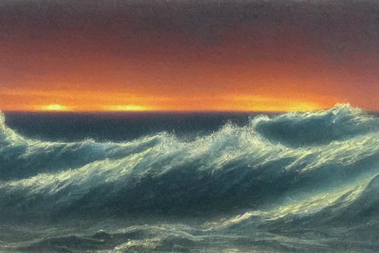 Image similar to very detailed seascape with big waves and sunset painted with oil paints in the style of Kuindzhi