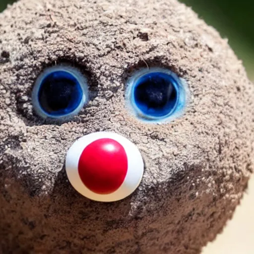 Image similar to photo of a small round creature made of dirt with round blue eyes and a round clown nose and a cute smile