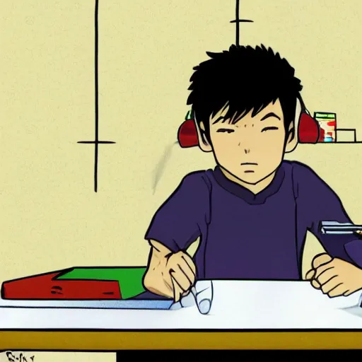 Prompt: mexican kid sitting at his desk asleep, anime, manga