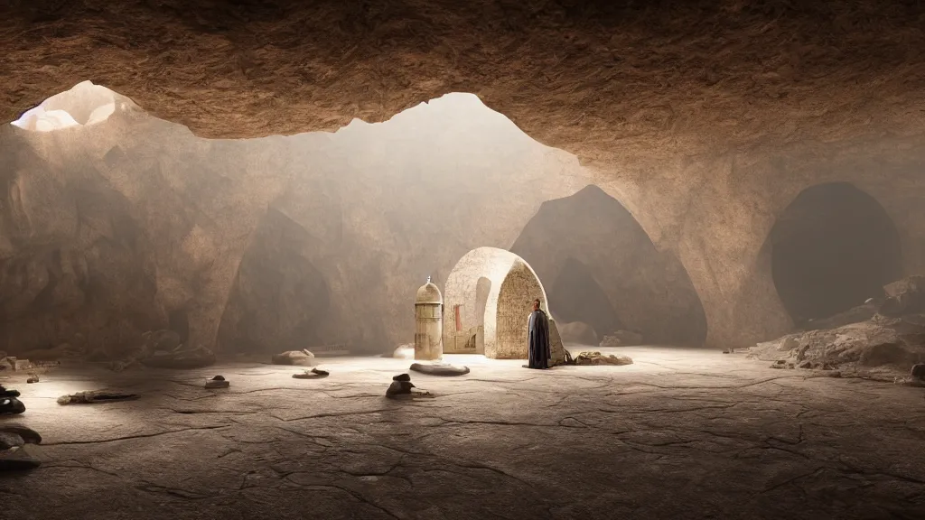 Prompt: A mosque inside a cave, cinematic lighting, god ray, photorealistic, hyperdetailed 3D matte painting, hyperrealism, hyperrealistic, 8k ultraHD octane render