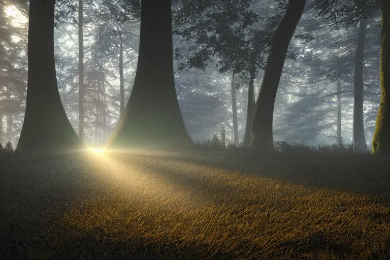 Image similar to a close up of the head of a laser-eyed deer, background of a landscape misty forest scene, the sun glistening through the trees, hyper realistic photograph, octane render 8k, trending on artstation, unreal engine