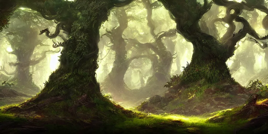 Prompt: digital painting of a fantasy forest, artstation, wallpaper, hd