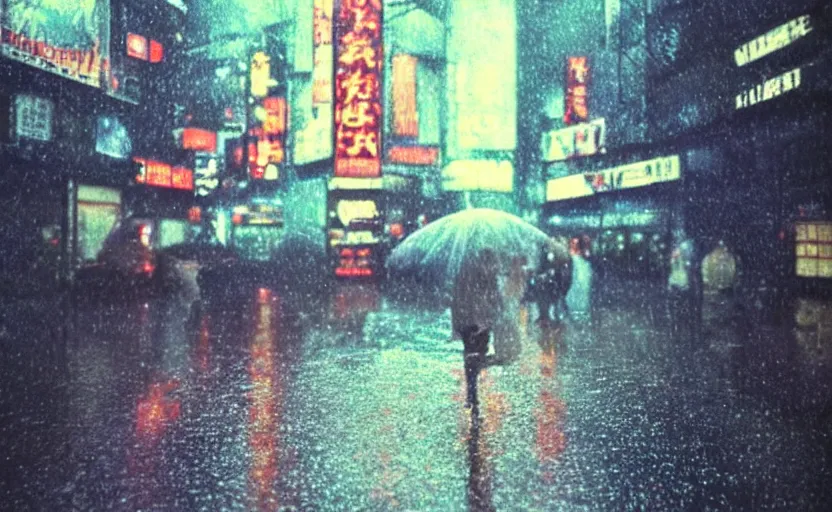 Image similar to Lumière Autochrome, rain falling on Neo-Tokyo 20XX