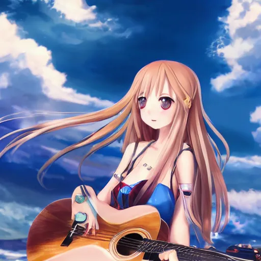 Image similar to a very beautiful little yuuki asuna playing guitar, full body, long wavy blond hair, sky blue eyes, full round face,, bikini, miniskirt, front view, mid - shot, highly detailed, cinematic wallpaper by stanley artgerm lau