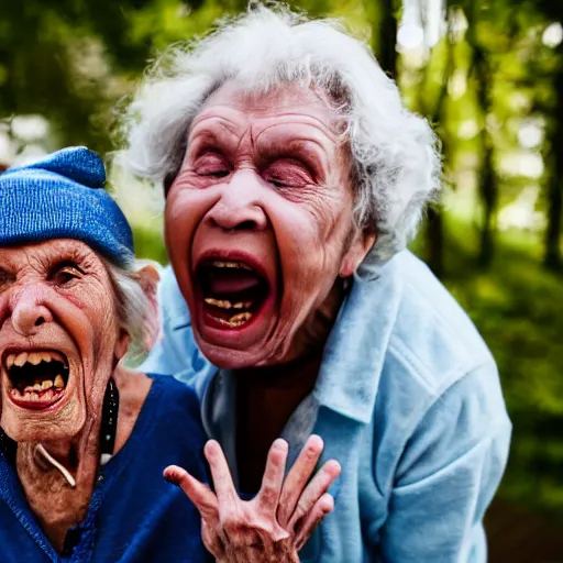 Image similar to elderly woman screaming at an alien, canon eos r 3, f / 1. 4, iso 2 0 0, 1 / 1 6 0 s, 8 k, raw, unedited, symmetrical balance, wide angle