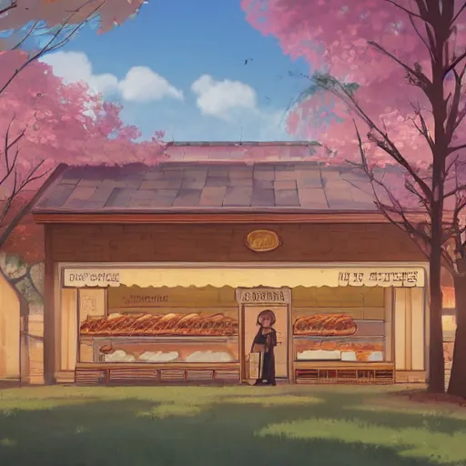 Prompt: concept art painting of a historic bakery with european and japanese architecture, in a woodland village surrounded by trees, inspired by kiki's delivery service, realistic, detailed, cel shaded, in the style of makoto shinkai and greg rutkowski and james gurney