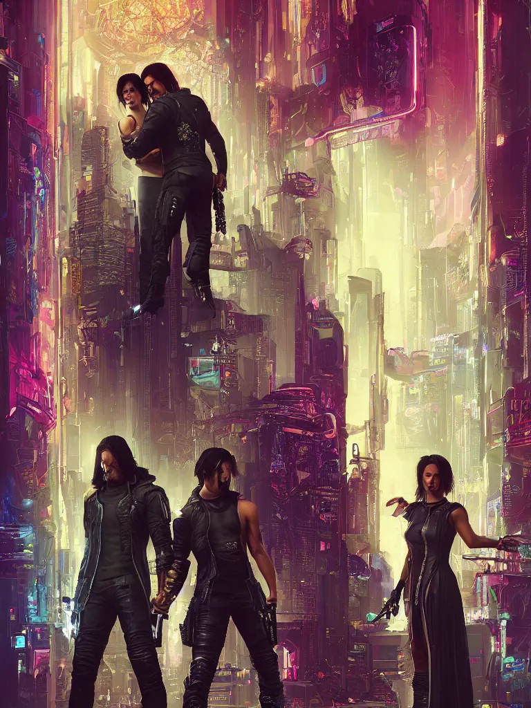 Image similar to a cyberpunk 2077 wedding couple portrait of Keanu Reeves and V in love story,pray,hug,hold,kiss,film lighting,by Lawrence Alma-Tadema,Andrei Riabovitchev,Laurie Greasley,Dan Mumford, John Wick,Speed,Replicas,artstation,deviantart,FAN ART,full of color,Digital painting,face enhance,highly detailed,8K,octane,golden ratio,cinematic lighting, no extra heads, no extra people