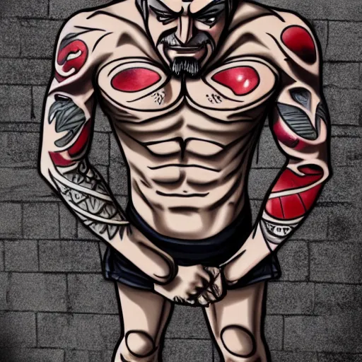 Image similar to muscular bald man, tattooed body, sword in hands, HD, anime style,