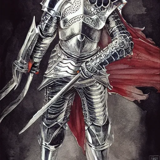 Image similar to A majestic knight in shiny armor, basic white background, symmetrical, watercolor, pen and ink, intricate line drawings, by Yoshitaka Amano, Ruan Jia, Kentaro Miura, Artgerm, detailed, trending on artstation, hd, masterpiece,