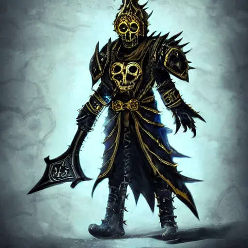 Image similar to lich king wearing black and gold armor with skulls and chains, holding a two handed sword with golden handle, wearing spiky helmet with mask concept art artstation