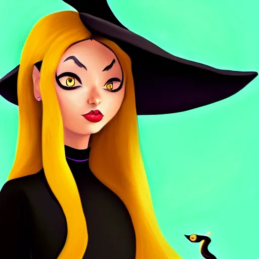 Prompt: portrait of a beautiful female witch in black and golden dress , digital painting , digital art , pixar style , Disney , instagram , trending on artstation