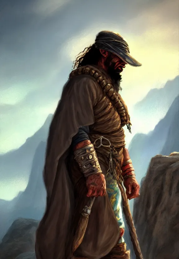 Image similar to a solitary randy savage wearing a heavy shiny cloak with an anchor slung over his shoulder alone in a rocky desolate wasteland | portrait | hd 4 k | fantasy impressionist oil painting | middle earth | pathfinder | artstation | conan | darksun | d & d dungeons and dragons | barbarian
