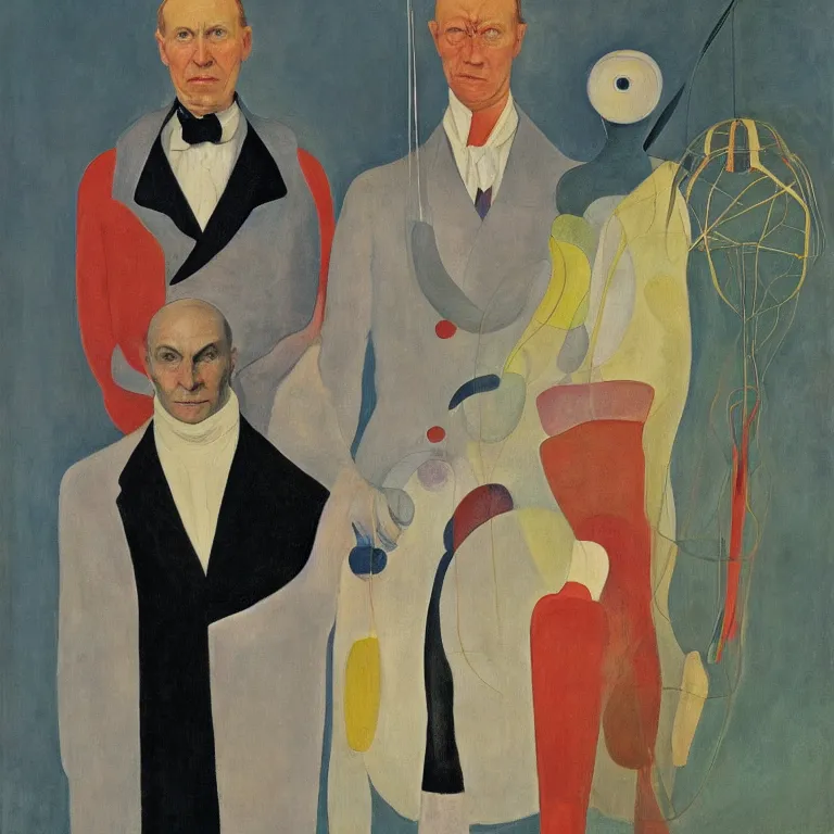 Prompt: official government portrait of an alien cyborg diplomat, painted by hilma af klint, andrew wyeth, grant wood, charles wilson peale, wassily kandinsky ; professional studio lighting ; oil painting