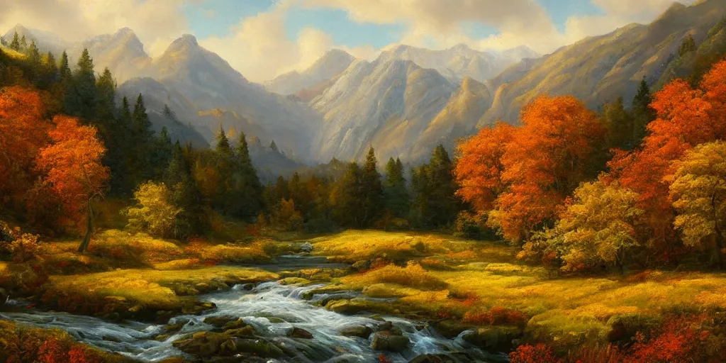 Prompt: a beautiful landscape painting of a mountainous valley with patches of woodland, autumn season, by antony bridge, oil on canvas, highly detailed, hd, 4 k