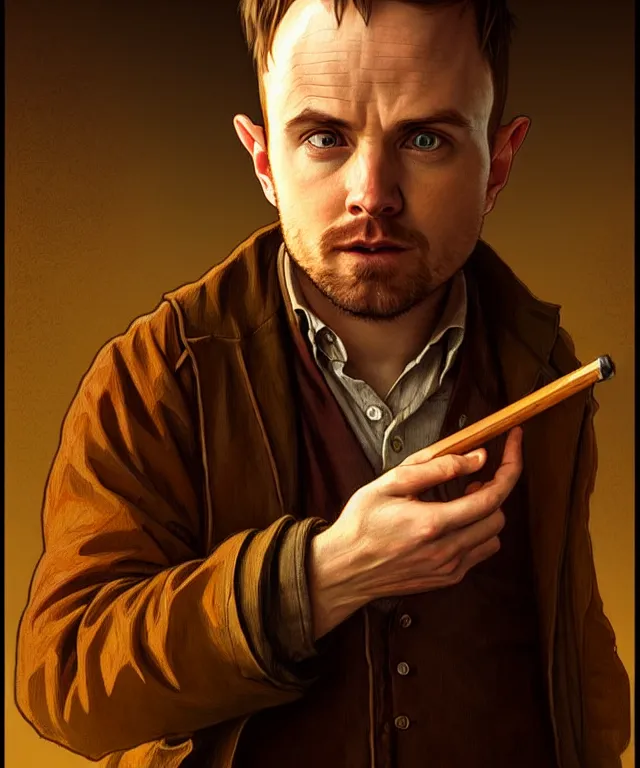 Prompt: portrait hobbit jesse pinkman, smoking a wooden pipe, caricature, headshot, highly detailed, digital painting, artstation, concept art, sharp focus, cinematic lighting, illustration, art by artgerm and greg rutkowski, alphonse mucha, cgsociety